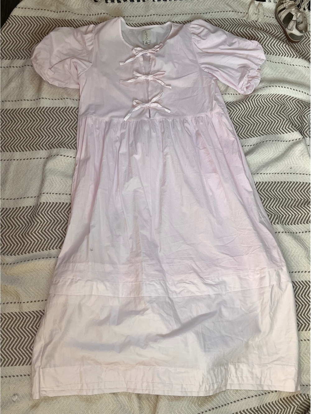 Joie Light Pink Cotton Blend Puff Sleeve Midi Dress with Bow Details